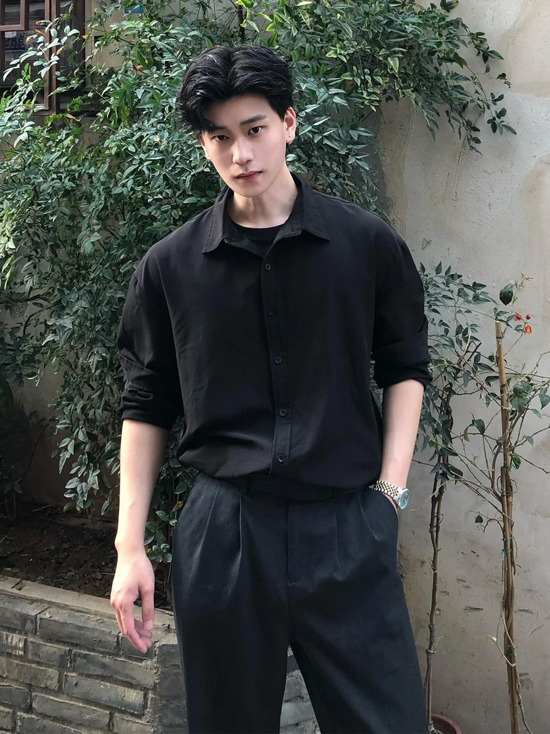 

Bla Long Sve Men's irt Briti Sle Suit Inner Wear Thin Outerwear Layering Spring Autumn Season Casual Faion