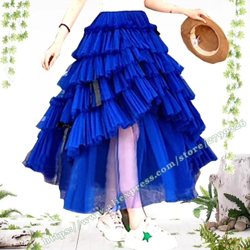 Girl's long skirts for women fashion 2023 Asymmetrical Navy Blue Mesh Puffy Tutu cake skirts Womens Chic and Elegant Woman Skirt