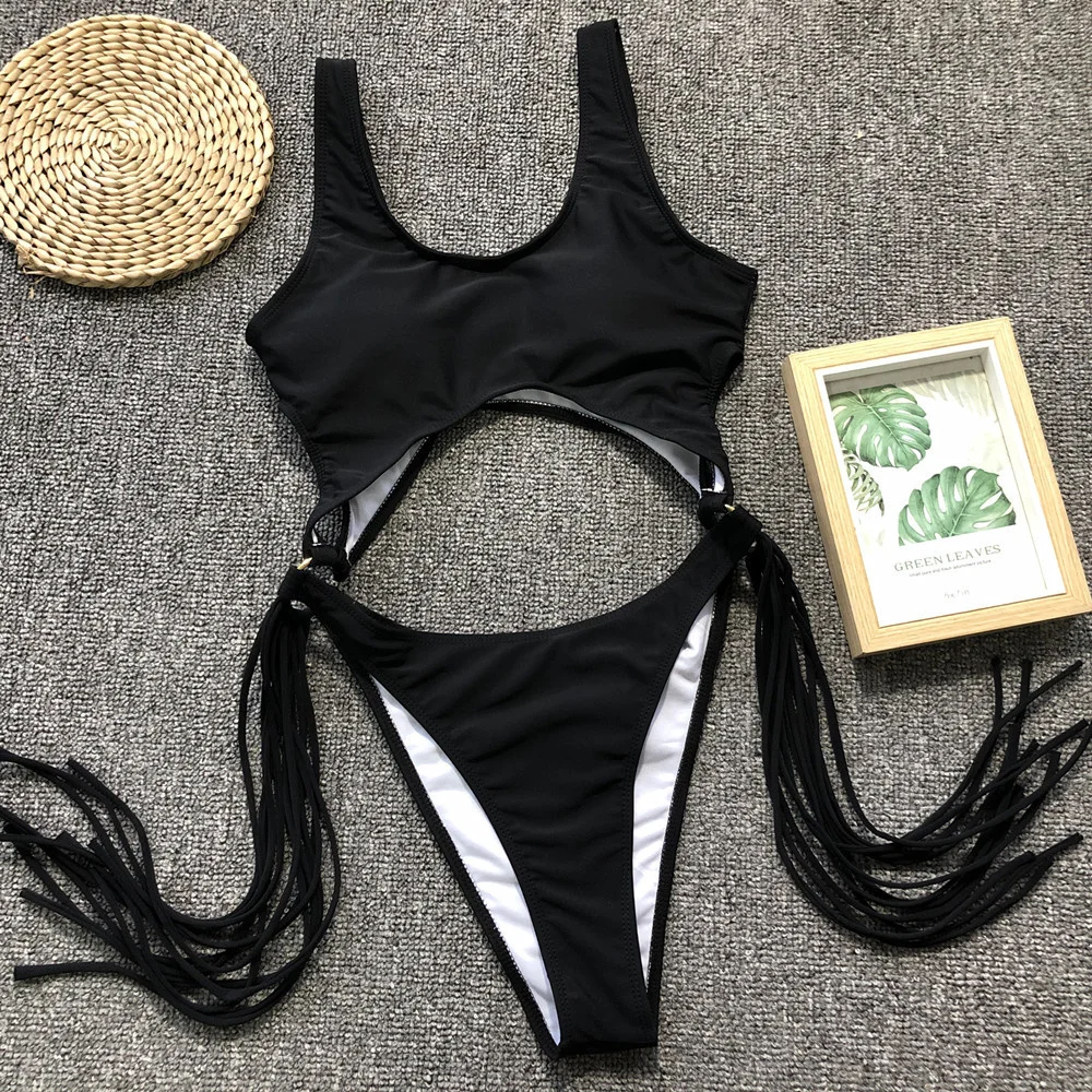 Patchwork Fringe Bikini Cut Out Rings Monokini One-Piece Swimsuit Women Beach Bathing Suit Luxury Bikinis Y2K Vacation Swimwears