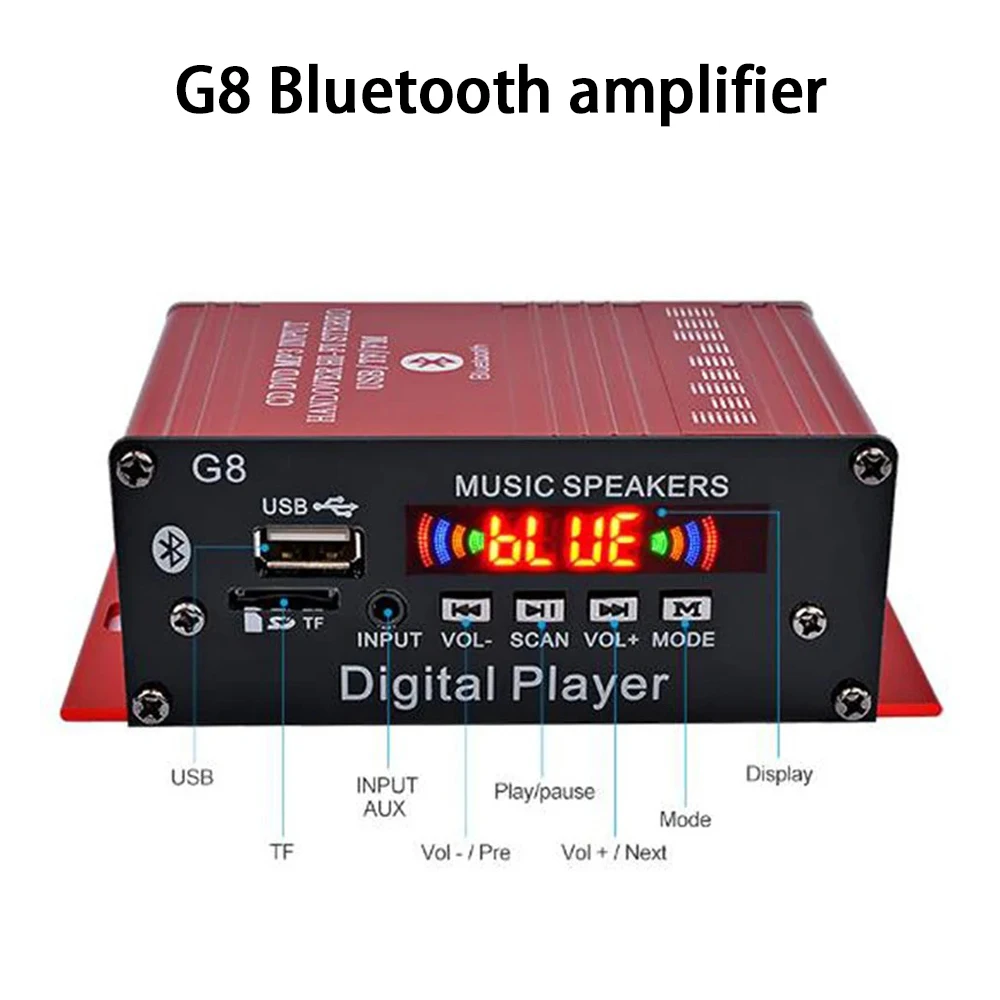 G8 Bluetooth Audio Amplifier 12V/45Wx2 Power/USB/SD/AUX Input/LED Display Mini Digital Player For Car/Home