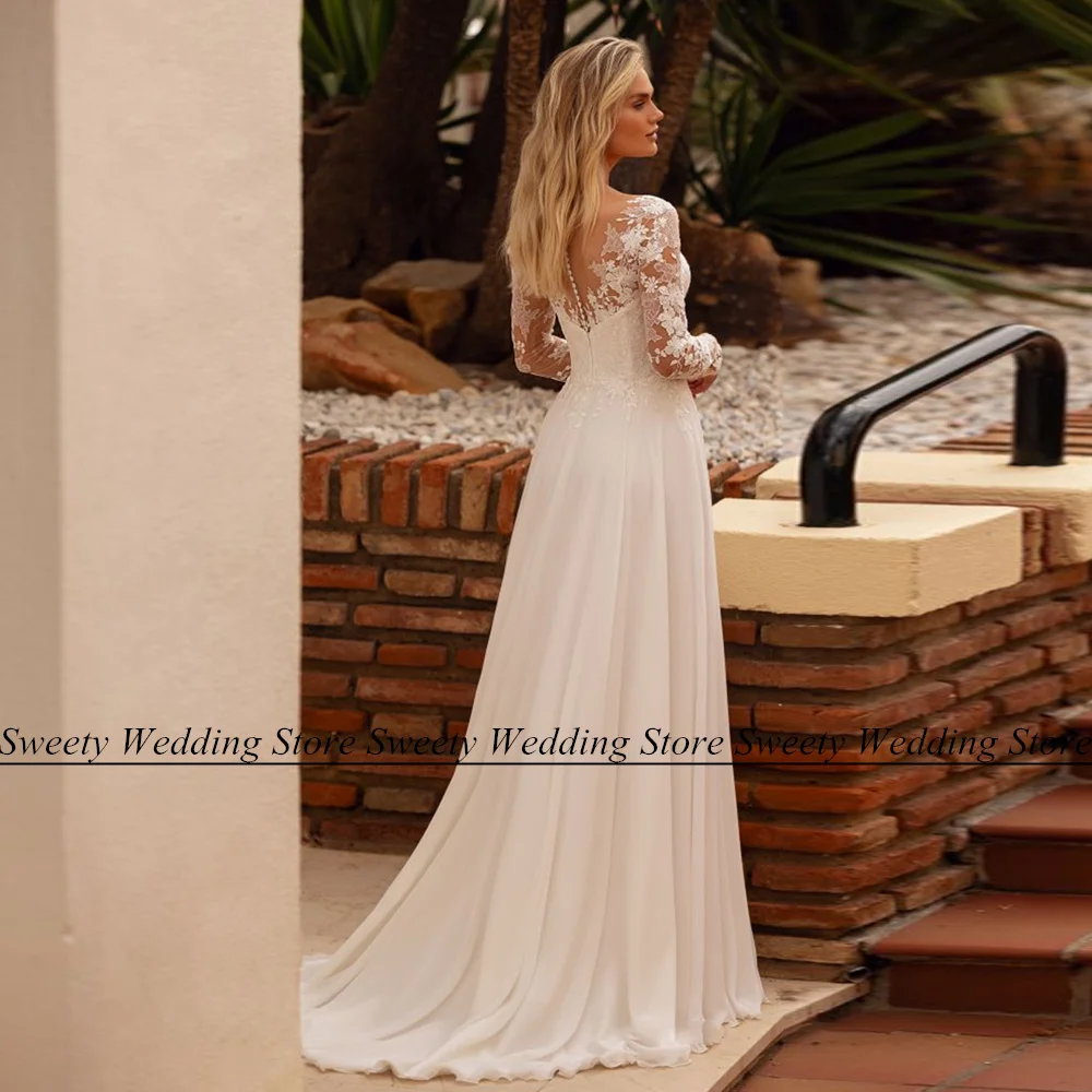Cheap Boho Wedding Dress for Women Bride Long Sleeves V Neck Sequined Applique Chiffon Summer Beach Bridal Gown  Robe Mariee
