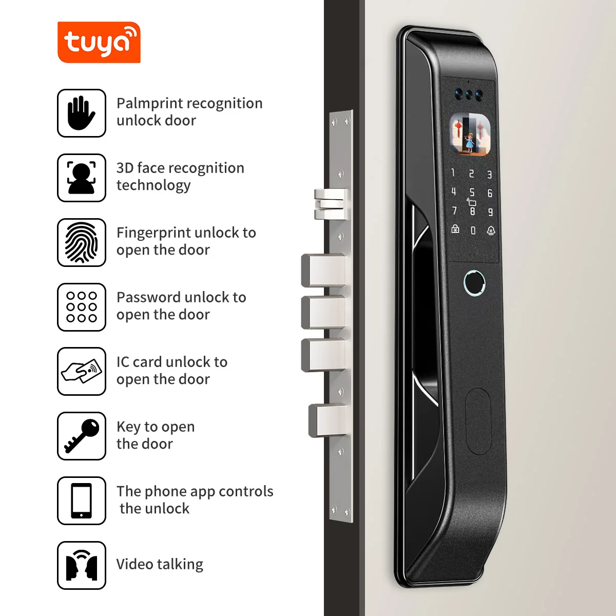 Compatible with Tuya WiFi Remote Smart Lock, AI Voice Control Digital Door Lock, Built‑in Video Doorbell, Multi‑Language Support