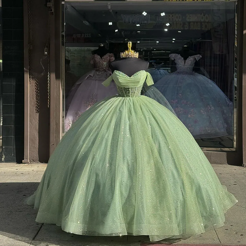 Quincienara-vestido verde brillante con hombros descubiertos para baile De graduación, 15 Años, Quinceañeras