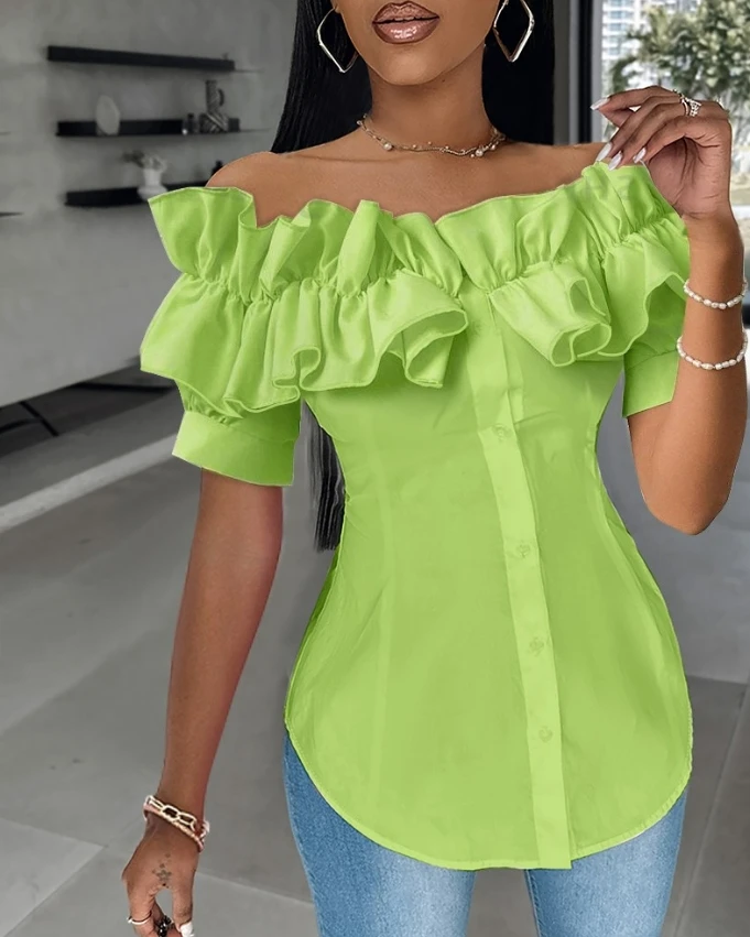 Women\'s Elegant Top 2024 Spring Summer Latest Casual Button Ruffles Asymmetric Hem T-Shirt Off The Shoulder Short Sleeve Blouses