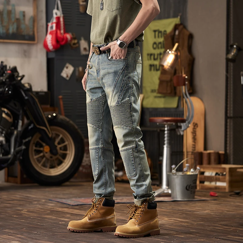 Blue Jeans Men Punk Fashionable Pleated Stitching Design High-End Retro Wear-Resistant Slim Fit Biker Trousers