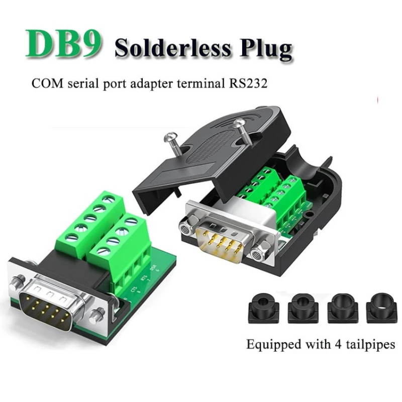 RS232 DB9 Solder-free Connector with 4 Tailpipes Male Female DB 9 Pin Terminal Block D-SUB RS232/COM Serial Port Plug Head PLC
