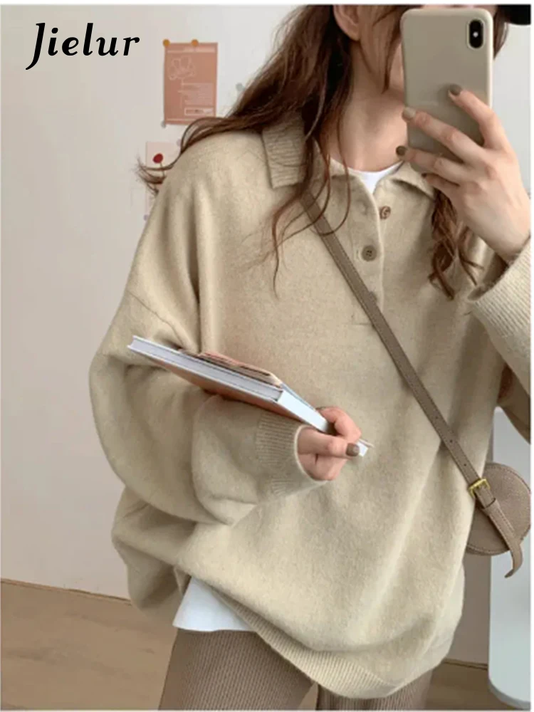 Jielur Autumn New Casual Loose Pullovers Woman Street Solid Color Slim Pullovers Female Apricot Polo Knitted Fashion Women Top