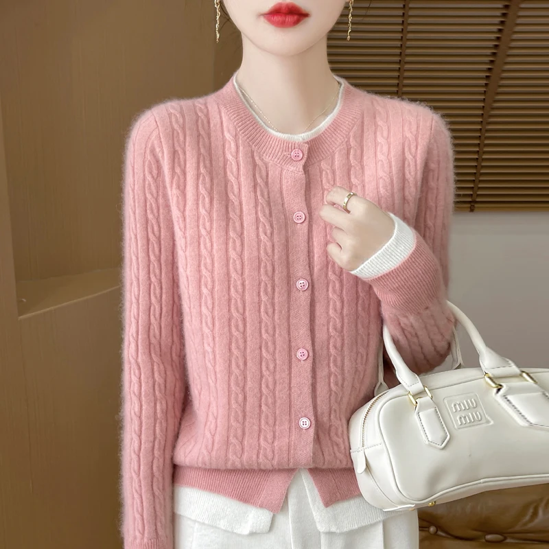 Autumn and winter new 100% merino wool women\'s round neck color matching fake two cardigan loose twist cashmere sweater knit top