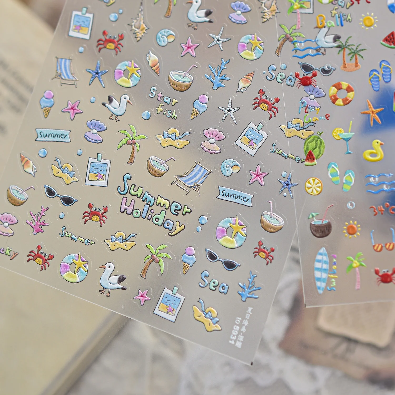 Island Vacation 5D Nail Stickers Seagull Starfish Conch Shell Coconut Tree Beach Lounge Chair Drink Crab Ice Cream Nail Decals