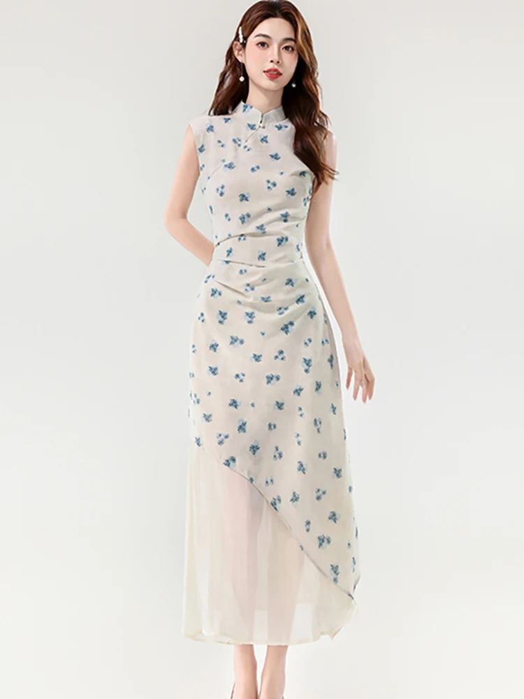 

Летнее повседневное длинное платье с цветочным пэчворком и оборками, женское винтажное роскошное платье с воротником-стойкой, корейское элегантное облегающее платье для выпускного вечера 2026