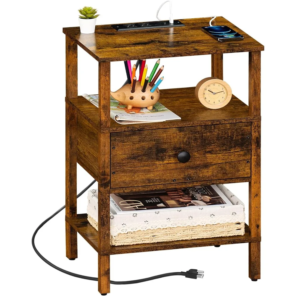 

Charging Station Nightstand with 3-Tier Storage, USB Ports, and Drawer Shelf for Compact Spaces