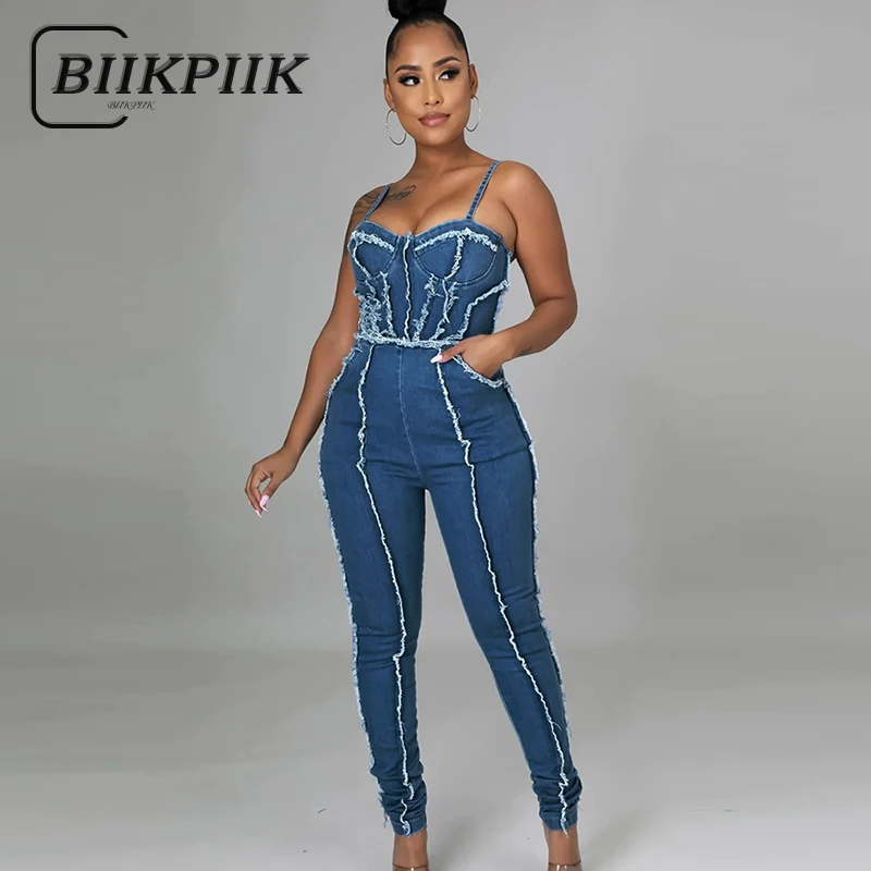 

BIIKPIIK Fashion Tassels Spaghetti Strap Denim Jumpsuits for Women Casual Backless Pencil Rompers High Waist Skinny Overall Sexy