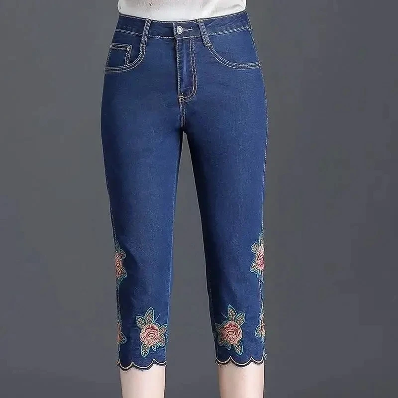 Fashion High Waist Skinny Jeans Summer Women Vintage Embroidery Calf Length Denim Capris Pants Woman Skinny Pencil Denim Pants