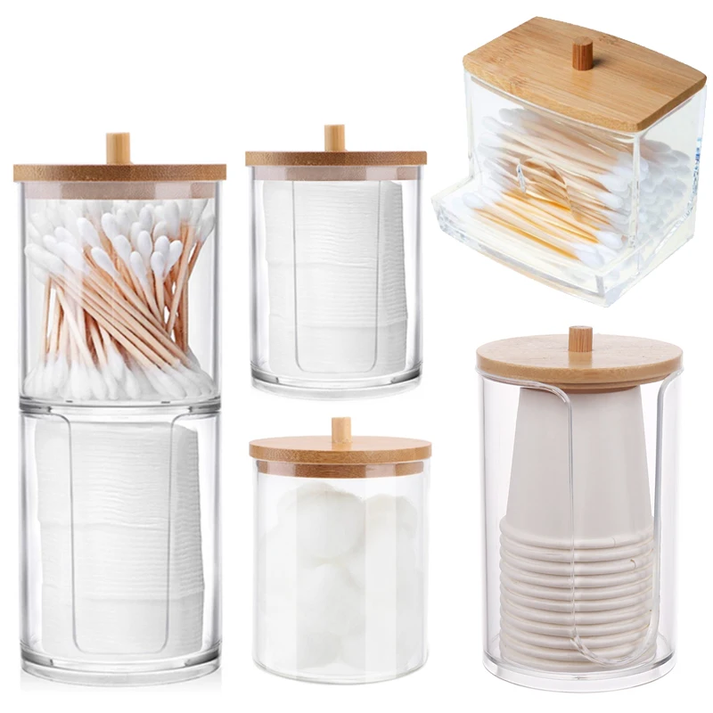 Acrylic Storage Box Bathroom Jar Makeup Organizer Cotton Round Pad Holder Cotton Swab Box Qtip Holder Dispenser with Bamboo Lid