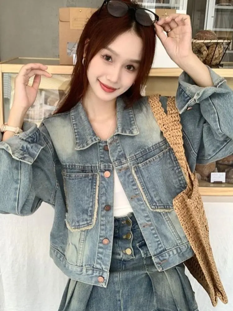 Retro Denim ort Jaet Dames Casual Loose Fit met ket Lente Herfst Veelzijdig Klein formaat Top Katoen Polyestermix