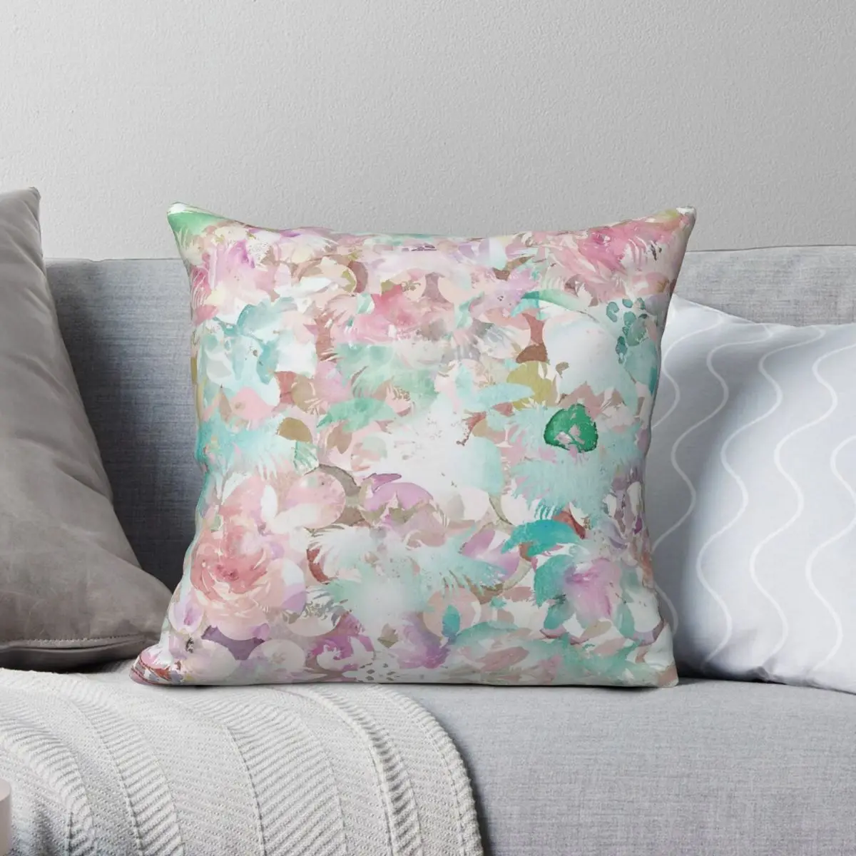 Pink Teal Watercolor Floral Square Pillowcase Polyester Linen Velvet Creative Zip Decorative Pillow Case Home Cushion Case 18