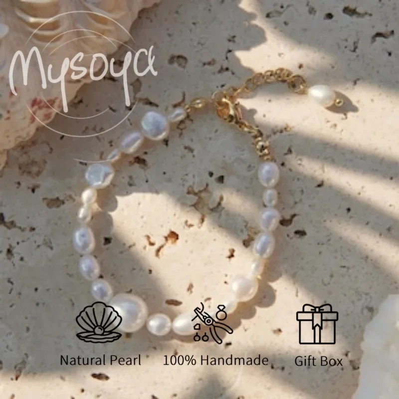 

MYSOYA White Baroque Freshwater Pearl Bracelet 7-8mm WithGift Box For Her/Him Birthday/Wedding/Christmas/New Year Gift