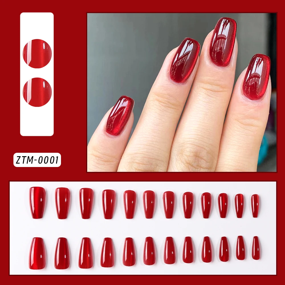 24PCS Press On Nails Long Coffin Square Head Wine Red Full Cover Fake Nail Set Winter Nails Tipsy Christmas Mother's Day Glisten