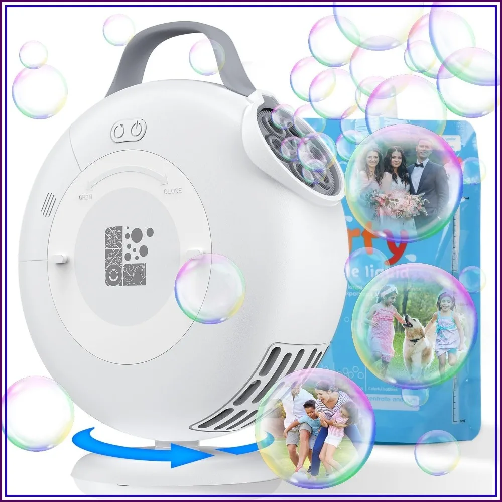 

Bubble Machine: 8000+ Bubbles/Min, 90°-200° Oscillating, Plug-in or Battery, Outdoor Fun