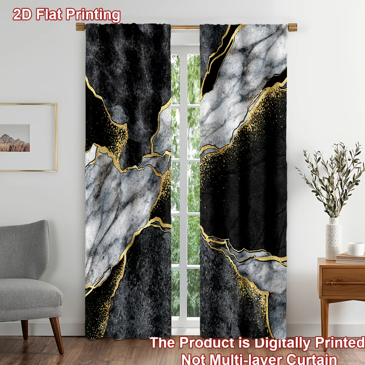 Modern Abstract Marble Gold Vein 2D Flat Printing Curtain Panels for Living Room Home Decor