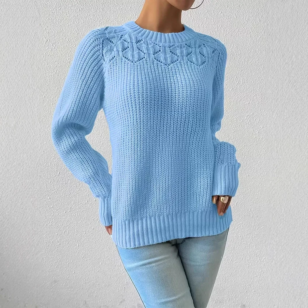 

2025 New Women's Fashion Woven Detail Crew Neck Long Sleeve Sweater