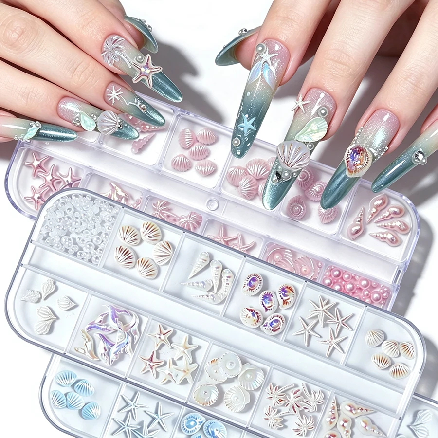 12-teiliges Nagelcharms-Set mit Ozean-Motiv, Aurora-Irisierend, 3D-Muschel-, Seestern- und Meerjungfrauen-Perlen, Nageldekorationen für die Maniküre – Detail 1