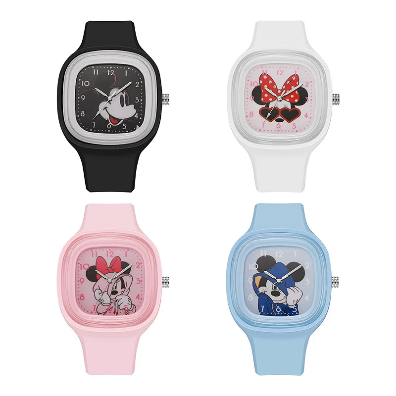 Fashion Blue Mickey Children Watches for Boy Pink Large Square Dial Minnie Women Girls Watch for Kids Students Quartz Clock