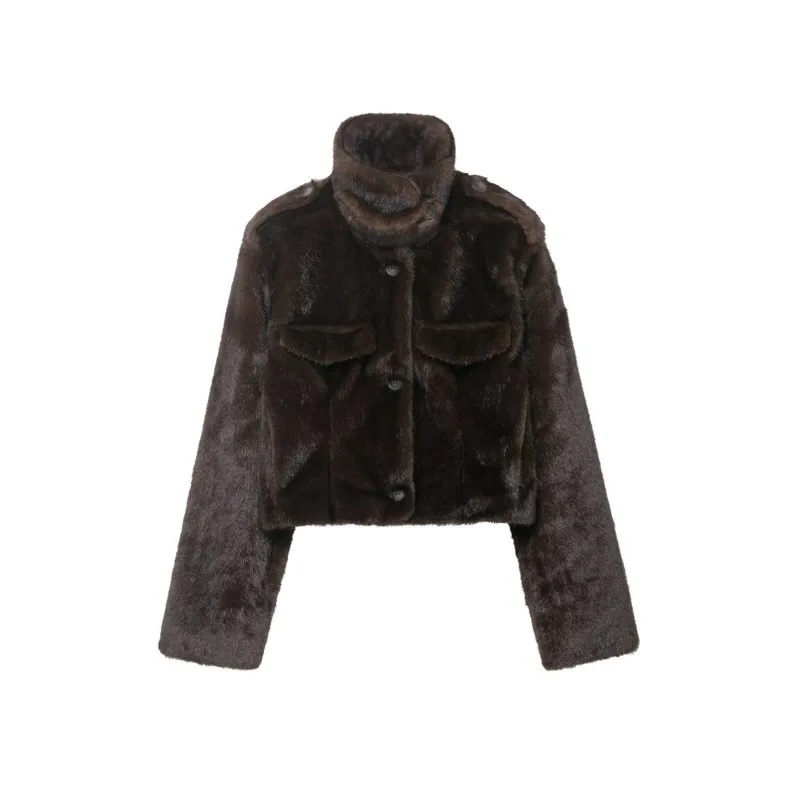 سترة نسائية قصيرة لربيع وخريف مع ياقة ثابتة من الفرو الصناعي وأكمام طويلة وجيب بأزرار ملابس خارجية أنيقة للسيدات #1