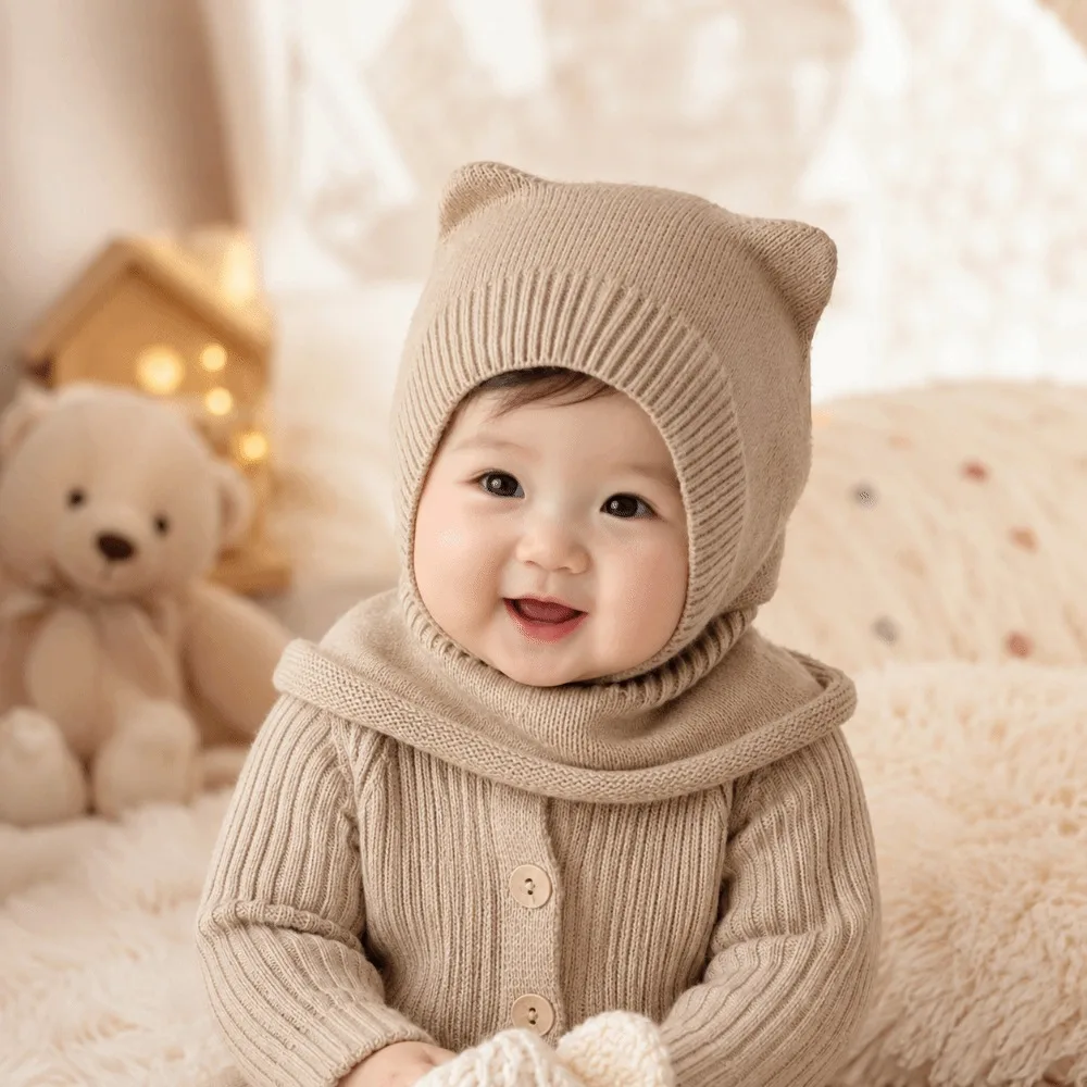Cute Warm Woolen Baby Balaclava Hat Solid Color Windproof Winter Toddler Hat Ear Protection Soft Knitted Beanie Cap Boy Girl - view 3
