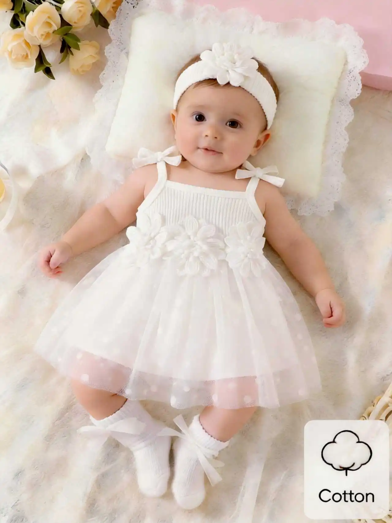 Sommerliches neues weißes geripptes Blumen-Mesh-Neckholder-Kleid für Mädchen mit passendem Blumen-Stirnband, süßer und lieblicher Stil.