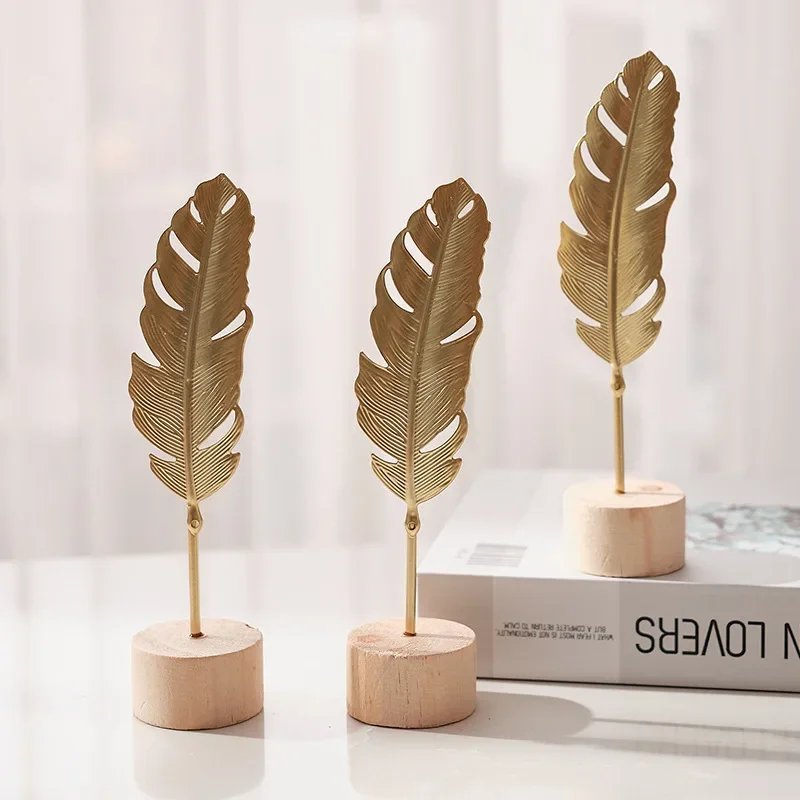 Golden Ginkgo Leaf Feather Metal Model Figurines Manual Desktop Crafts Ornaments Photo Props Statues Sculptures Home Decor