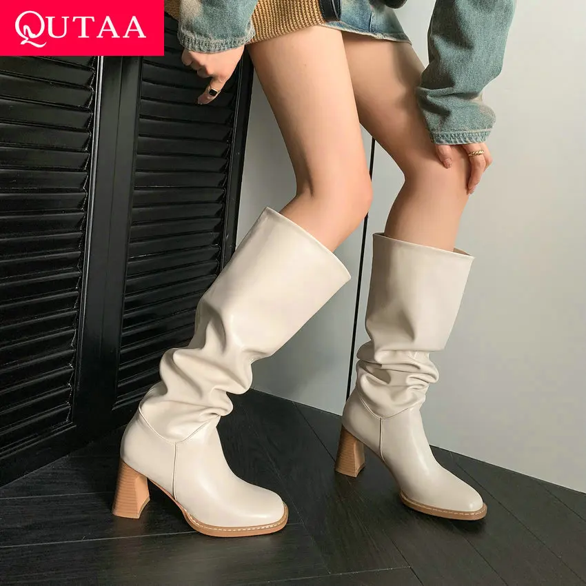 

QUTAA 2024 Autumn Winter Women Knee High Boots Classic Thick High Heels Microfiber Square Toe Concise Shoes Woman Size 34-42