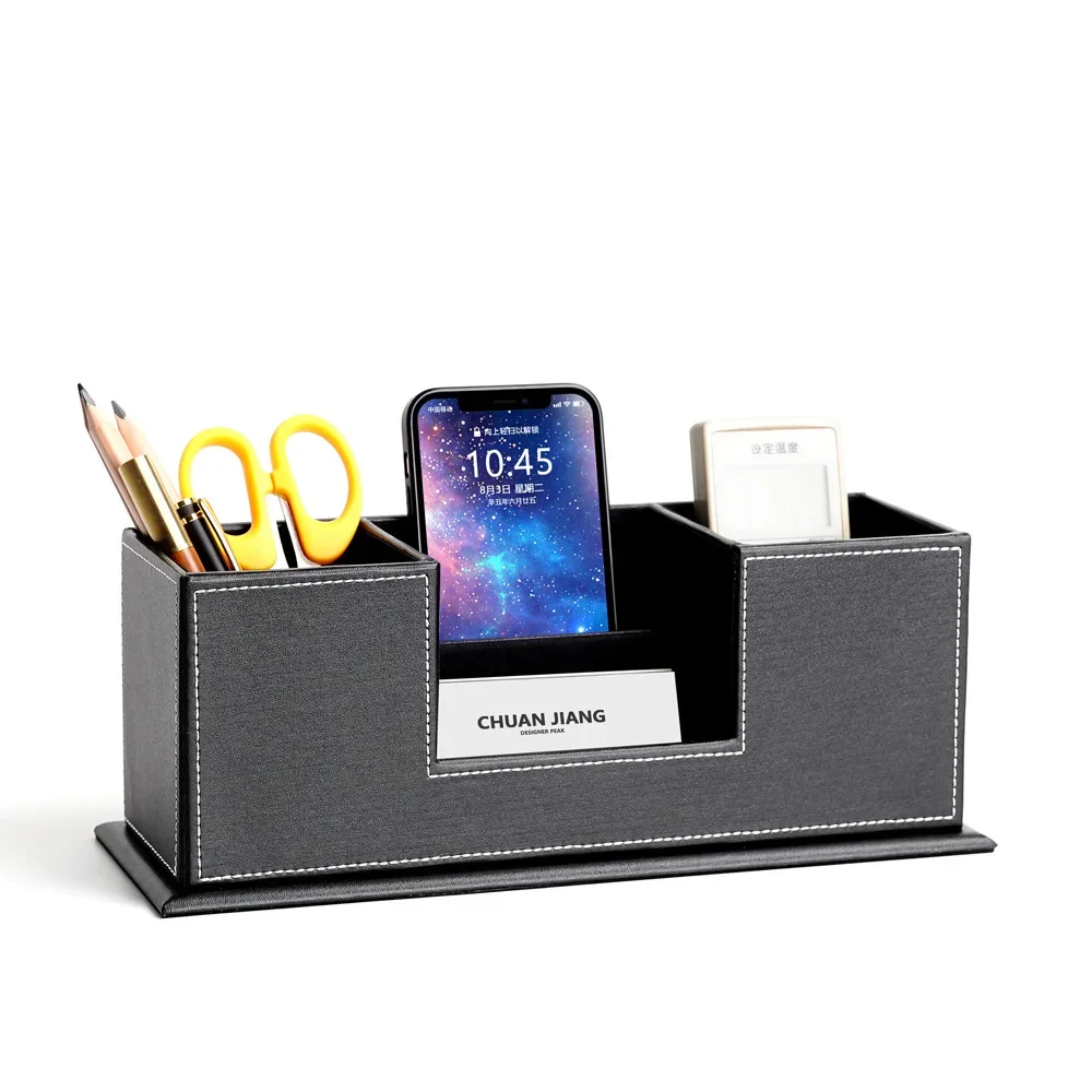 Leather stationery Wooden pen holder Multi-functional business card holder Desktop storage box Fashion office supplies gifts