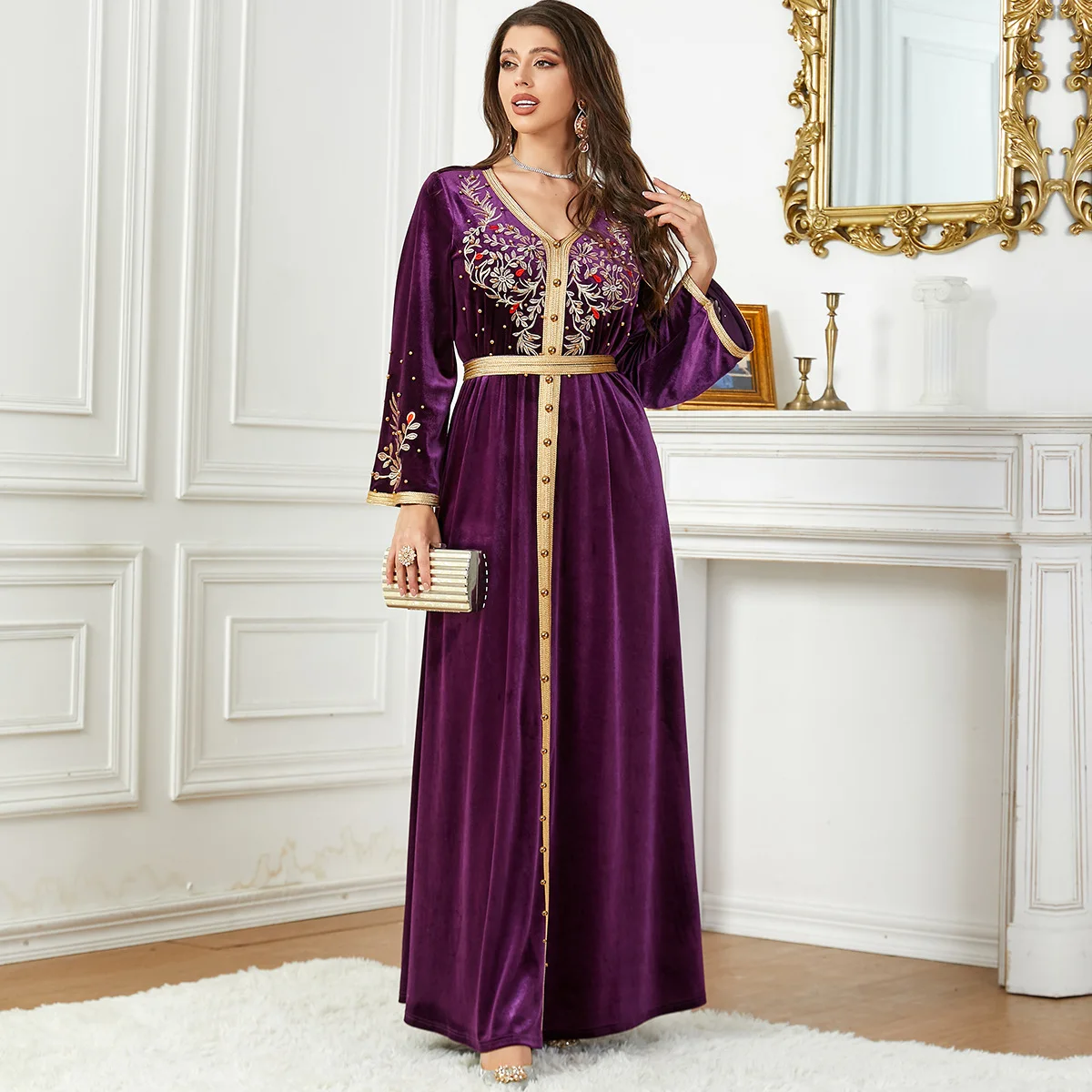 Autumn Kaftan Arabic Long Dress for Women Golden Embroidered Winter Muslim Evening Dresses Moroccan Caftan Dubai Turkish Abaya