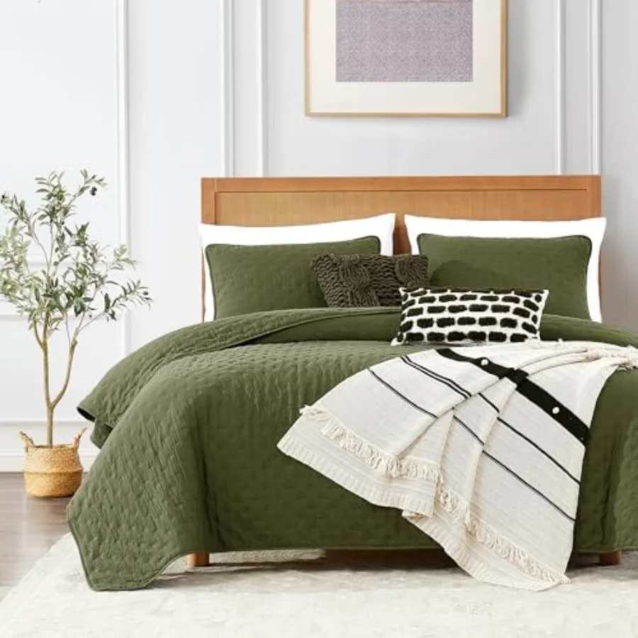 

Green Cloud Size Quilt Bedding Sets with Pillow Shams, Farmhouse Lightweight Soft Bedspread Coverlet, All Season Rustic Country