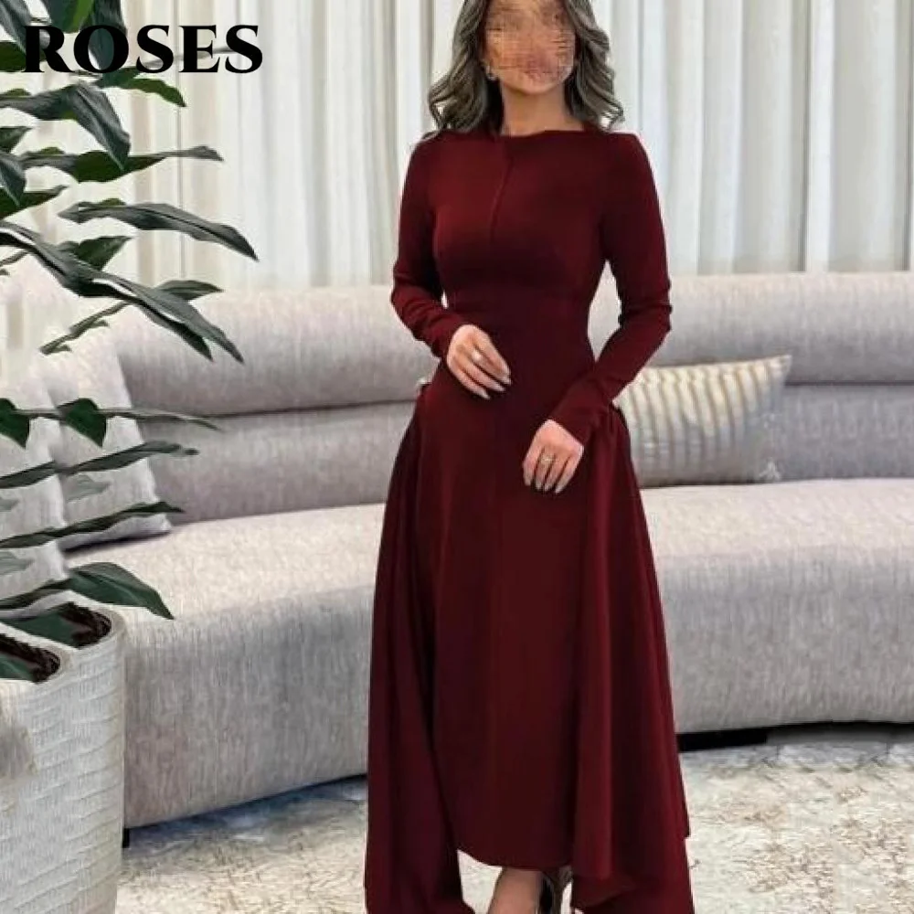 

ROSES Burgundy Long Sleeves Evening Dress O Neck Formal Gown Crystal Night Dresses Side Ruched robe de bal for Women Customized