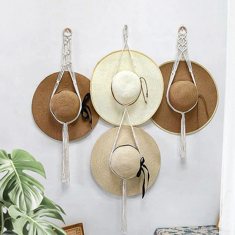 Nordic Style Boho Cotton Rope Hanging Caps Holder Organizer Display Hat Scarf Organizer Rack Macrame Tapestry Hat Hanger