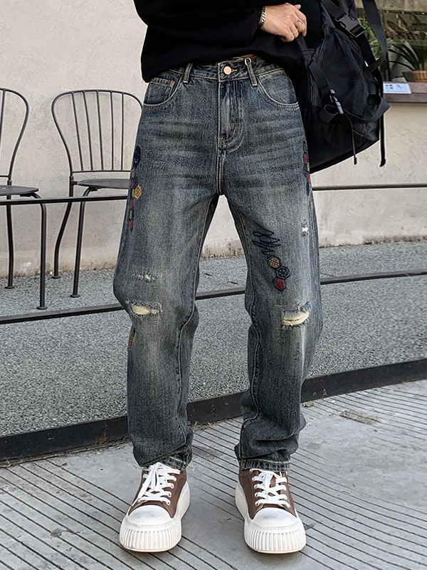 

Retro Waed Men's Jeans High Street Trend Loose Harlan Pants All-Match Long Trousers hine Embroidery Hole Design Autumn N...