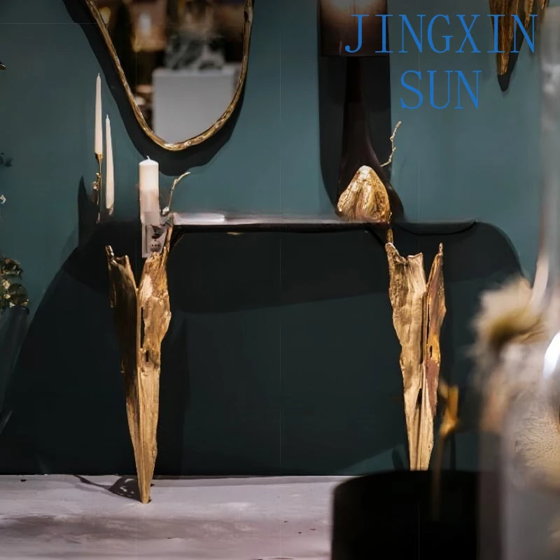 Italian light luxury brass entrance table high-end solid wood strip case modern creative art villa entrance table against
