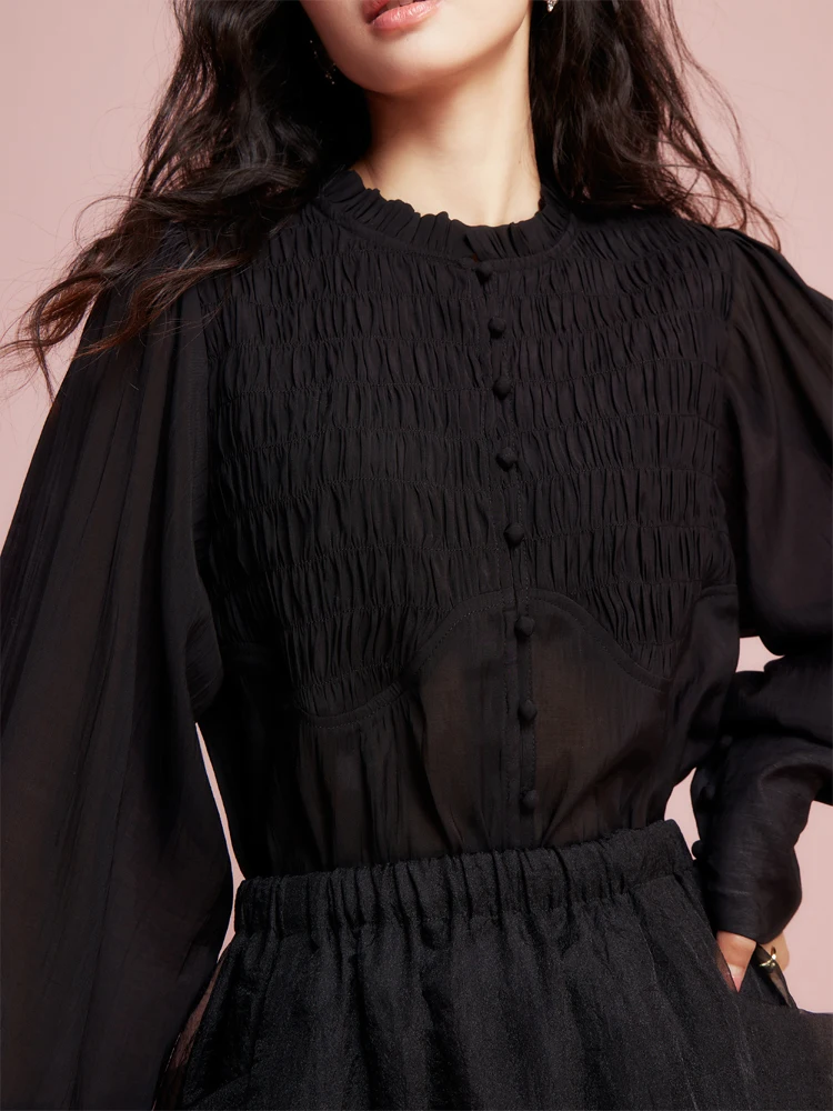 ARTKA 2023 Spring New Women Blouse French Elegant Ruffled O-Neck Loose Shirts Lantern Sleeve Black Shirt Female SA92032C