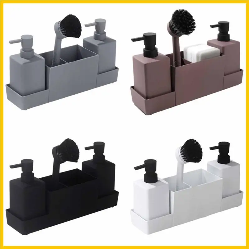 

H55A Kitchen Soap Dispenser and Sponge Holder with Storage Tray for Sink Organization Plastic Hand Soap with Brush