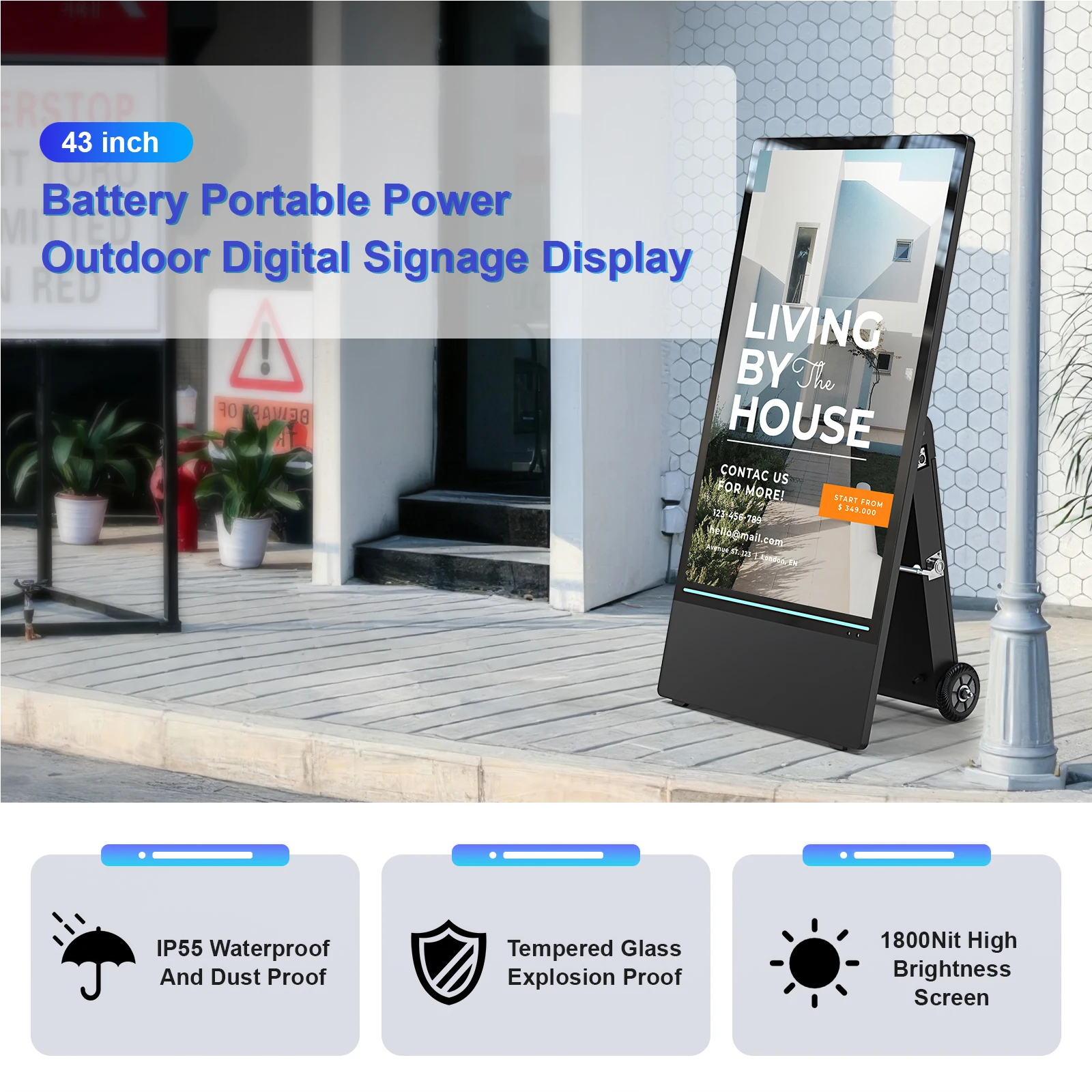 شاشات لافتات رقمية محمولة قابلة لإعادة الشحن مقاس 43 بوصة من NWE، مقاومة للماء IP55، شاشة مقسمة LCD ذكية، كشك متحرك