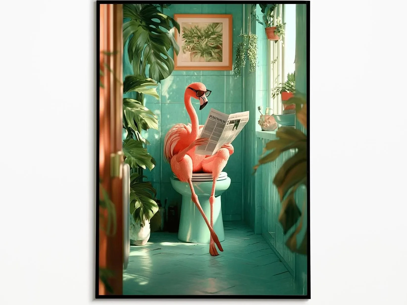 Whimsical Flamingo Reading Newspaper Poster Prints Bathroom Vintage Green Maximalist Decor Funny Toilet Canvas Painting Wall Art