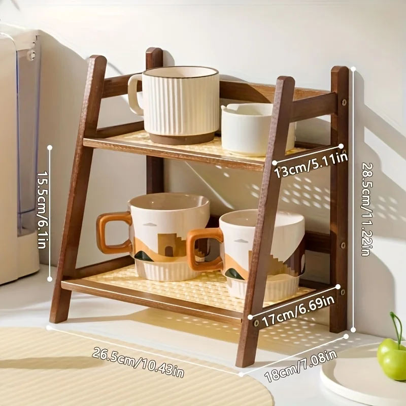 

2-Tier Bamboo Cup Rack, 26cm/10" Artificial Rattan, Vertical Space-Saving Organizer for Kitchen & Living Room, Holds Mugs & Cups