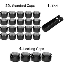 20pcs 17mm Standard Cap + 4pcs 23mm Locking Cap + 1x Removal Tool Black Plastic Wheel Nut Cap 16mmx17mm &17mmx23mm Nuts & Bolts