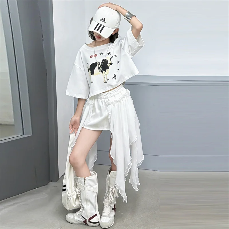 Teens Girls Clothing Sets Fashion Jazz Hip Hop Cartoon Top+Asymmetric Skirt Two Pieces Suits For Kids Summer Streetwear Outfits