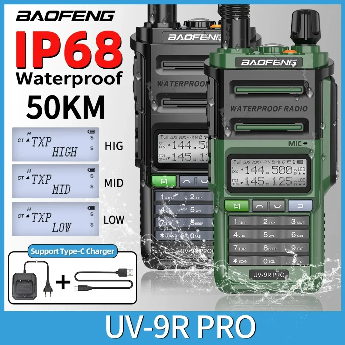 

Baofeng UV-9R Pro V2 V1 Walkie Talkie IP68 Waterproof Dual Band Type-C Long Range Upgrade Tri-power Ham CB Radio Two Way Radio