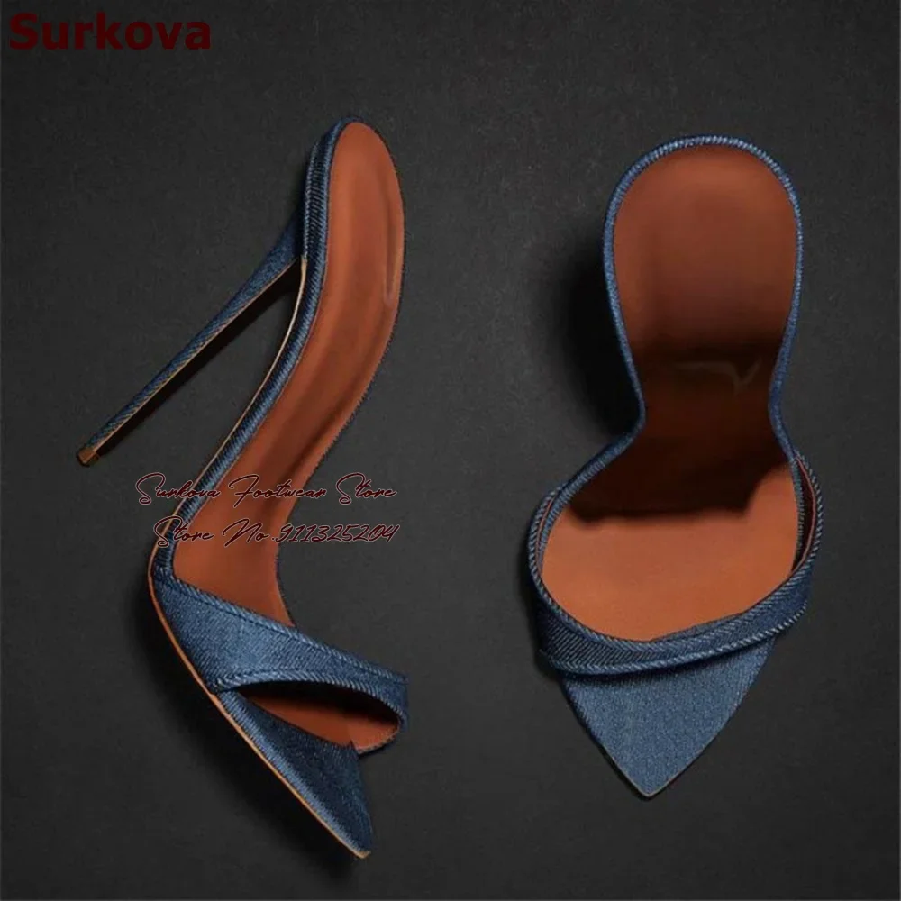 Surkova Women Blue Denim Slip-on High Heel Slippers Sexy Sky High Stiletto Jeans Summer Sandals Party Gladiator Dress Shoes