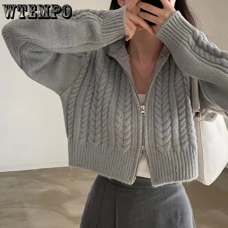 WTEMPO Fall Winter New Korean Vintage Double Zipper Sweaters Women Solid Color Elegant Short Sweater Coats Knitted Cardigans