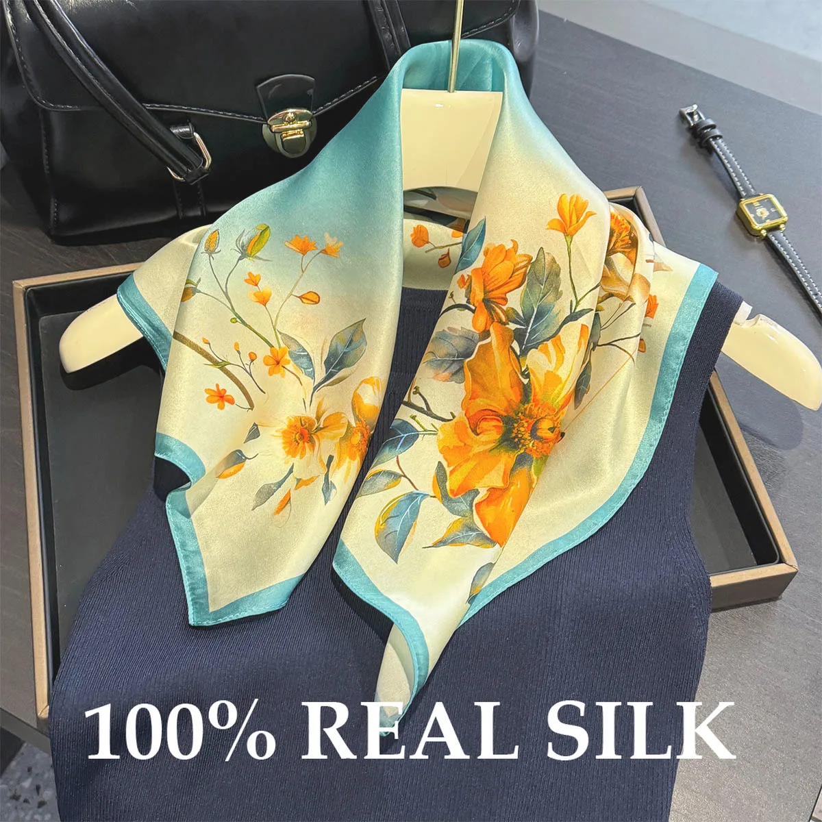 

Новый 100% натуральный шелковый шарф, женский платок на шею, повязка на голову, хиджаб, принт, пончо, бандана, модные квадратные шарфы 53 см, шаль, накидка